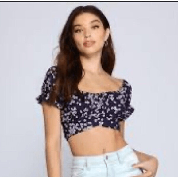 Windsor So Fab Ditzy Floral Crop Top Puff Sleeves Tie Back L GUC - Picture 1 of 13